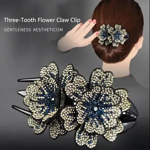 Pince À Cheveux Fleur En Strass Multi Dents Pince À Bec De Canard Élégante Style Coréen Bijou De Tête Floral Femme
