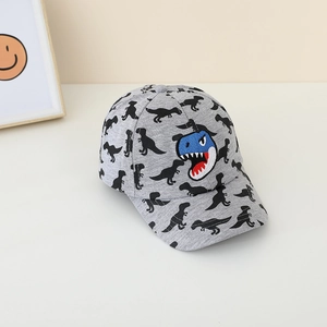 Détail de la casquette grise pour enfant avec broderie dinosaure bleu et imprimés