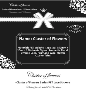Detailed specifications of PET lace stickers with dimensions, weight and patterns
