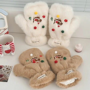 Moufles Et Gants En Peluche Teckel De Noël Hiver Chaud Épais Fausse Fourrure Chien De Dessin Animé Corde De Cou Doux