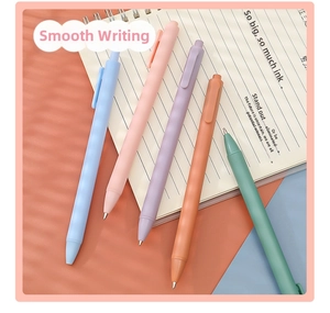 Detailed macro view of five macaron colored gel pens on a ruled notebook with modern design