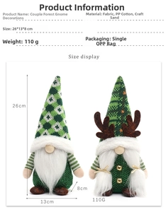 Detail showing green Christmas forest gnomes with reindeer antlers and size dimensions