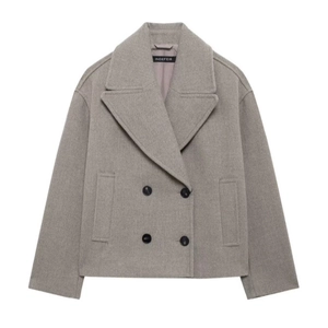 Women's dark grey wool blend short coat with double-breasted buttons and wide lapels