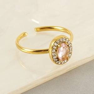 Adjustable stainless steel ring with pink oval stone and halo of white crystals