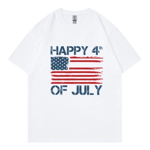 T-shirt en coton blanc pour le Jour de l'Indépendance avec motif 2D Happy 4th of July