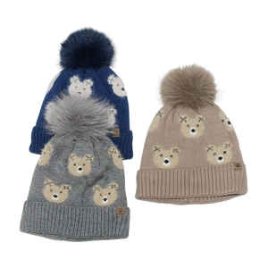 Kinder Winter Strickmütze Acryl Mit Kunstpelz Pompon Bär Muster Warm Gefüttert Für Kleinkinder Jungen Mädchen