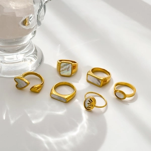 Anello Vintage In Acciaio Inossidabile Dorato Intarsio Madreperla Conchiglia Geometrico Cuore Sole Gioielli Donna