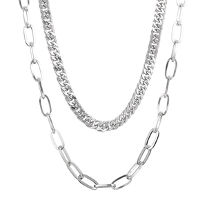 Double-layered silver titanium steel necklace featuring curb chain and paperclip link