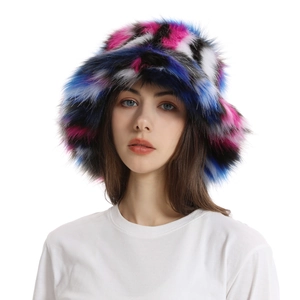 Macro detail of colorful tie-dye faux fur texture on a warm winter bucket hat for women