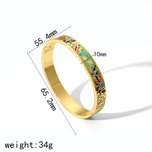 Detailed specs of 18k gold plated floral enamel bangle showing dimensions and 34g weight