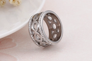 Close-up of a hollow silver titanium steel ring with double rows of pavé zircon stones