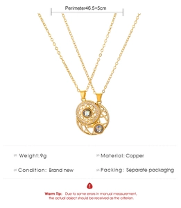 Detailed specs of sun and moon pendant necklace with copper material and size info
