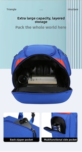 Detail view of large capacity layered sports backpack with functional side and back pockets
