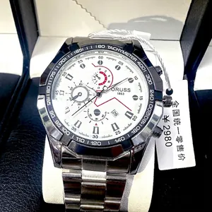 Men's ORUSS quartz watch with stainless steel strap, white chronograph dial, and calendar
