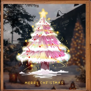 Pink Christmas tree static window sticker with gold stars and festive decorations
