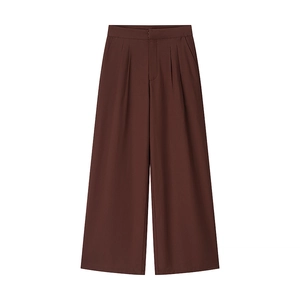 Pantalon femme marron chocolat en lin à coupe large, taille haute et plis avant
