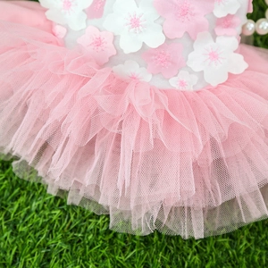 Detailed view of pink mesh tutu pet dress with delicate 3D floral embroidery appliques