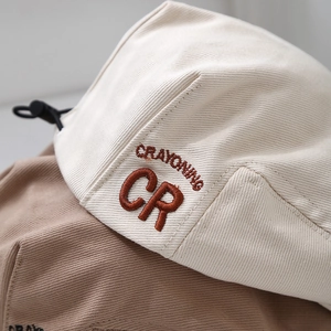 Kids cotton beret hat with CR embroidery, featuring adjustable cord in beige and khaki