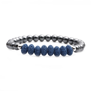 Men's bracelet with dark grey metal beads and blue lava stone on white background