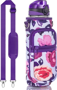 Detail of insulated water bottle sleeve with purple floral pattern and adjustable strap