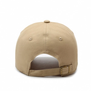 Khaki embroidered baseball cap with adjustable metal buckle back view on white background