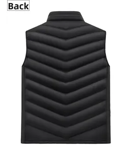 Rear view of black quilted puffer vest showing V-shaped stitching and high stand collar