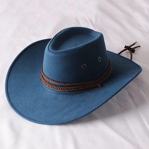 Deep blue suede cowboy hat with brown braided band and adjustable chin strap detail
