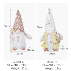 Detailed dimensions of plush light-up Christmas gnomes in white and beige tones