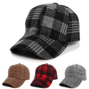 Unisex Plaid Baseball Cap Autumn Winter Woolen Feel Adjustable Velcro Closure Casual Outdoor Sunshade Hat