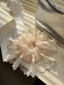 Detailed macro view of champagne lace scrunchie with embroidery on silky fabric