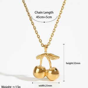Gold cherry necklace set in stainless steel with 45cm chain and product dimensions