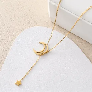 Elegant 18K gold plated stainless steel Y-necklace with hollow moon and star pendant