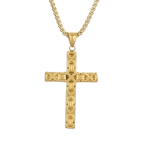 Vintage gold stainless steel Byzantine chain necklace with chunky cross pendant