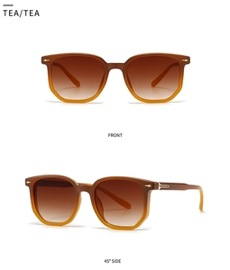 Front and side views of square tea sunglasses with golden arrow rivet details