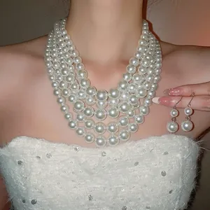 Elegant multi-layer pearl necklace and earring set shown on model in a luxury style