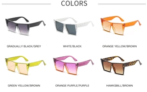 Grid display of square oversized sunglasses in six gradient colors and patterns