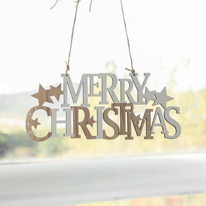Nordic wooden Merry Christmas hanging sign with grey stars and jute rope for tree decor