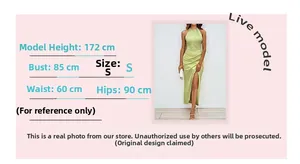 Halter neck maxi dress size guide showing model measurements for height 172cm and size S