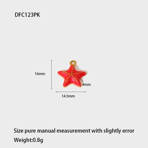 Detailed view of red starfish pendant with gold dots showing 16mm x 14.5mm size specs