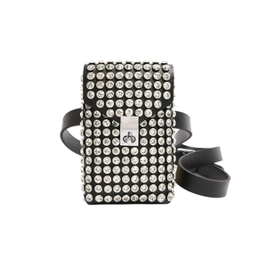 Chic black crossbody waist bag covered in silver rhinestones with leather strap
