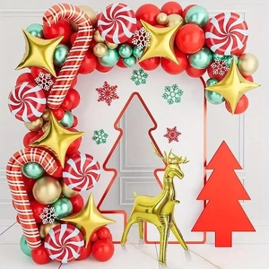 Christmas balloon arch kit with red green gold latex balloons and reindeer foil balloon