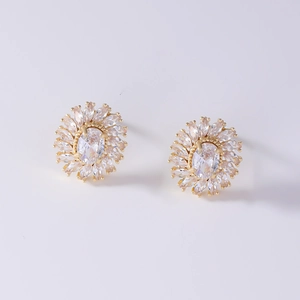 Elegant gold square flower stud earrings featuring oval cubic zirconia and petal stones
