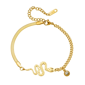 Gold plated stainless steel snake pendant bracelet set with cubic zirconia stones