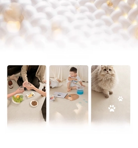 Detail view of water-resistant vintage rug texture with family and pet living scenes
