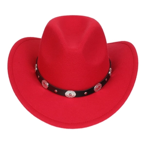 Classic red western cowboy hat with black studded leather belt and silver ornaments