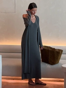 Detail of soft charcoal grey knitted maxi dress and long sleeve cardigan set for women