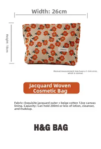 Detailed size chart showing 26x18cm dimensions for the floral corduroy makeup bag