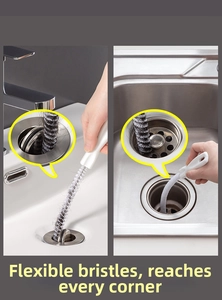 Flexible cleaning brush reaching deep into drain pipes to remove hair and blockages