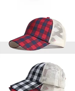 Detail view of plaid ponytail baseball caps with breathable mesh in red and black colors