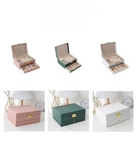 Two-layer quilted leather jewelry box with compartments and gold buckle lock in three colors